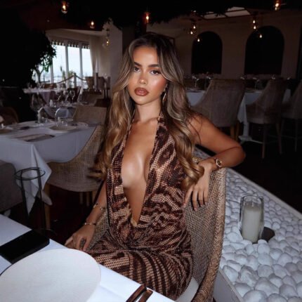 V-neck Halter Classic Leopard Pattern Printed Sequined Dress